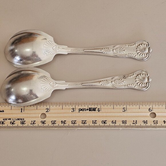 2 Reed Barton Kings Soup Spoons 6" vintage scrolls flourishes no anchor flatware - Picture 7 of 7